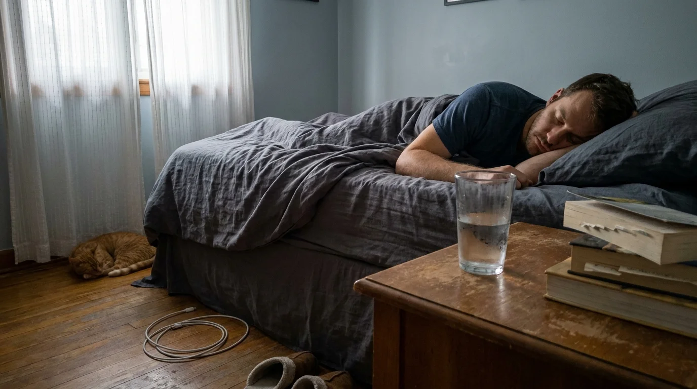 A candid, overhead photograph of a man sleeping in a realistic, sunlit bedroom with rumpled sheets and a glass of water on the nightstand.