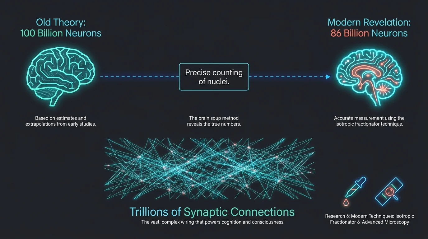 A clean data diagram comparing the old 100 billion neuron theory to the modern 86 billion neuron discovery.