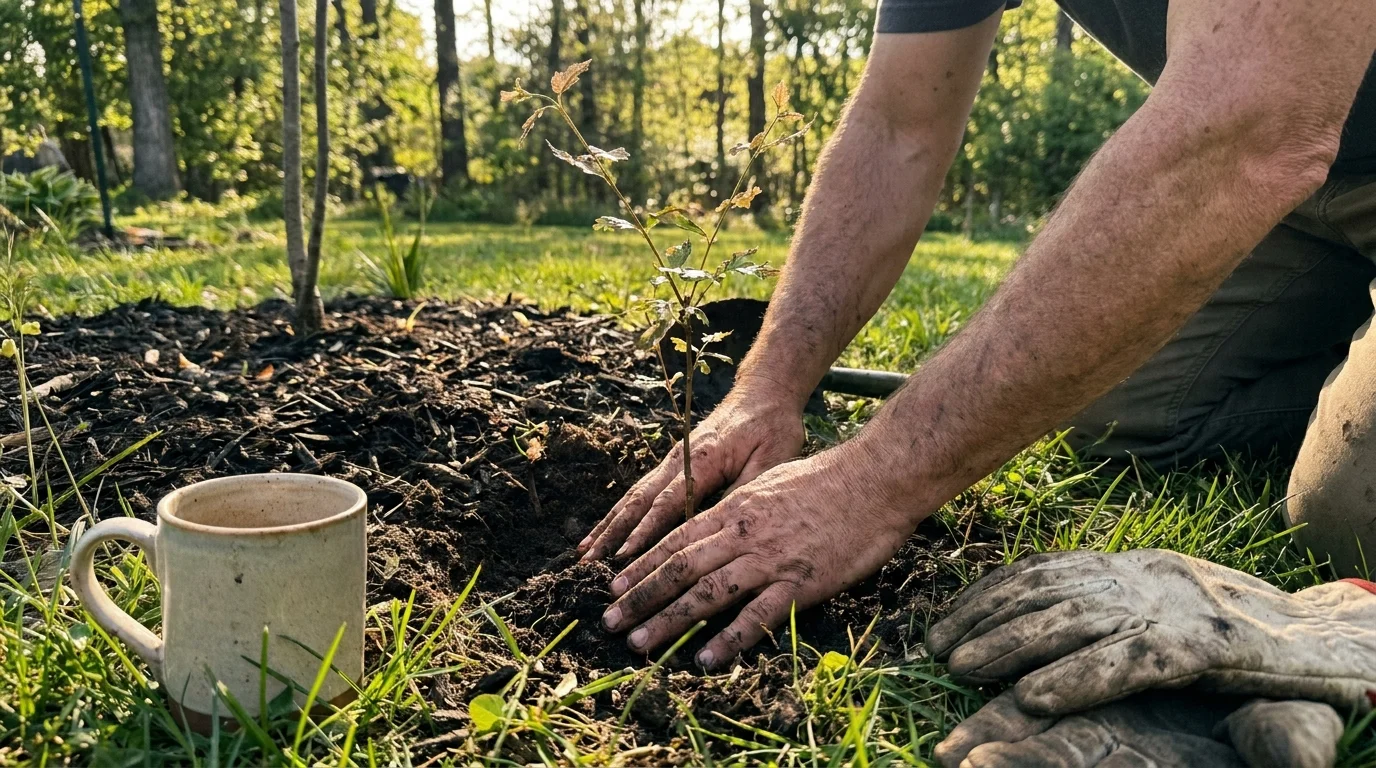 A close-up photo of a person's hands planting a small tree in a garden, emphasizing personal environmental action.