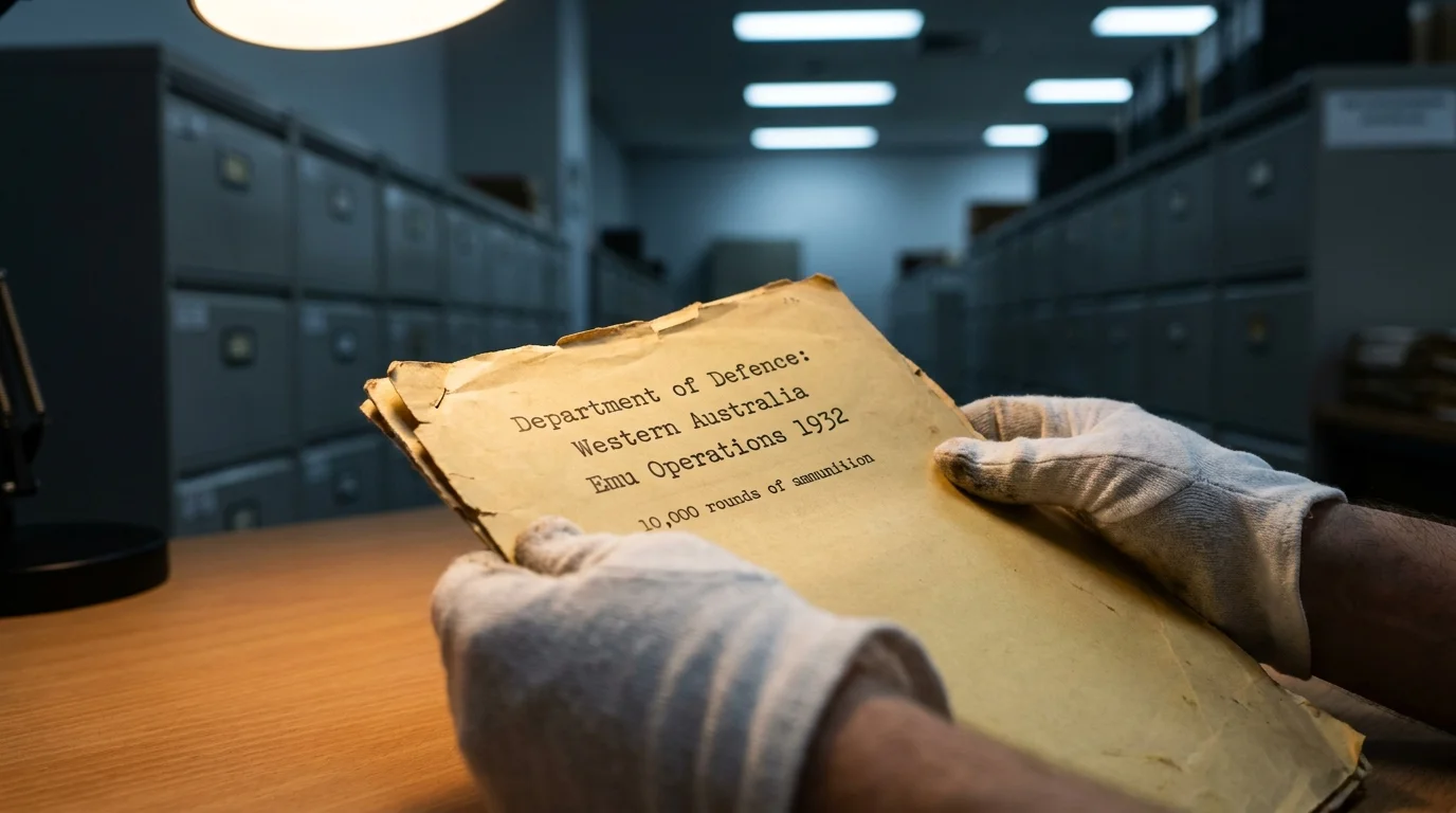 A close-up photo of gloved hands holding a 1932 Australian military document about the Great Emu War in a dimly lit archive.