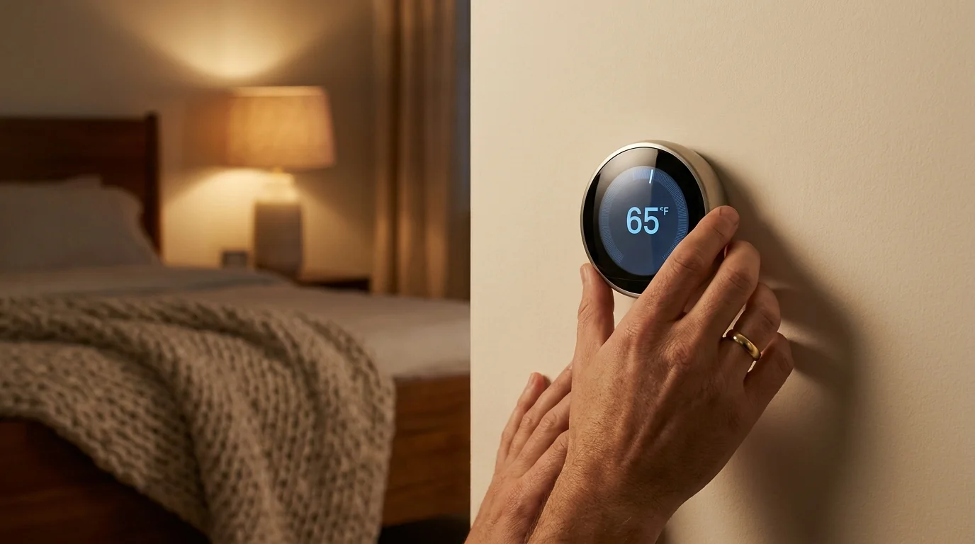 A close-up photograph of a person's hand adjusting a thermostat to 65 degrees in a cozy, dimly lit bedroom to optimize sleep.