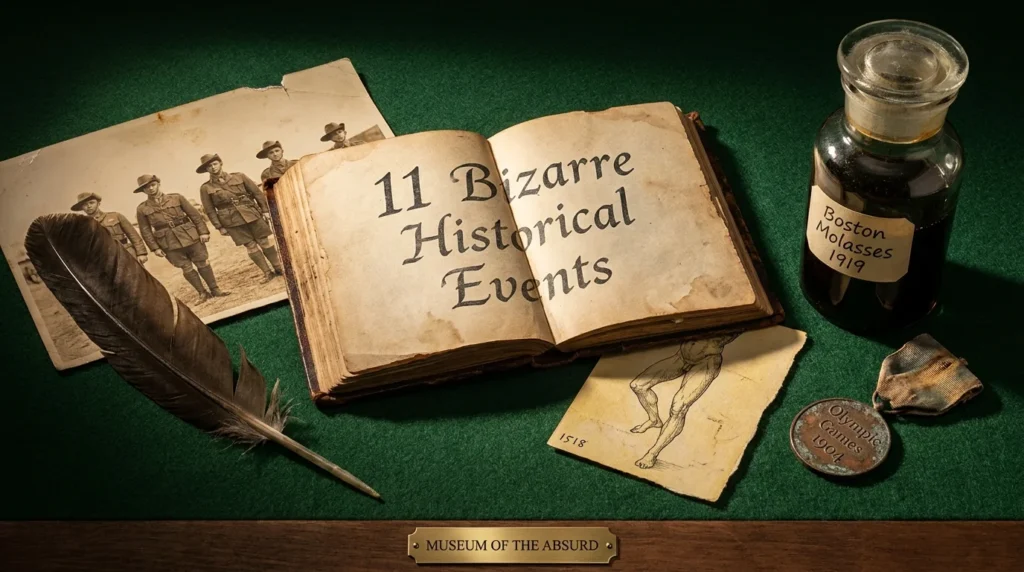 A collage of historical artifacts including an emu feather, a jar of molasses, and a ledger of bizarre events on a green felt table.