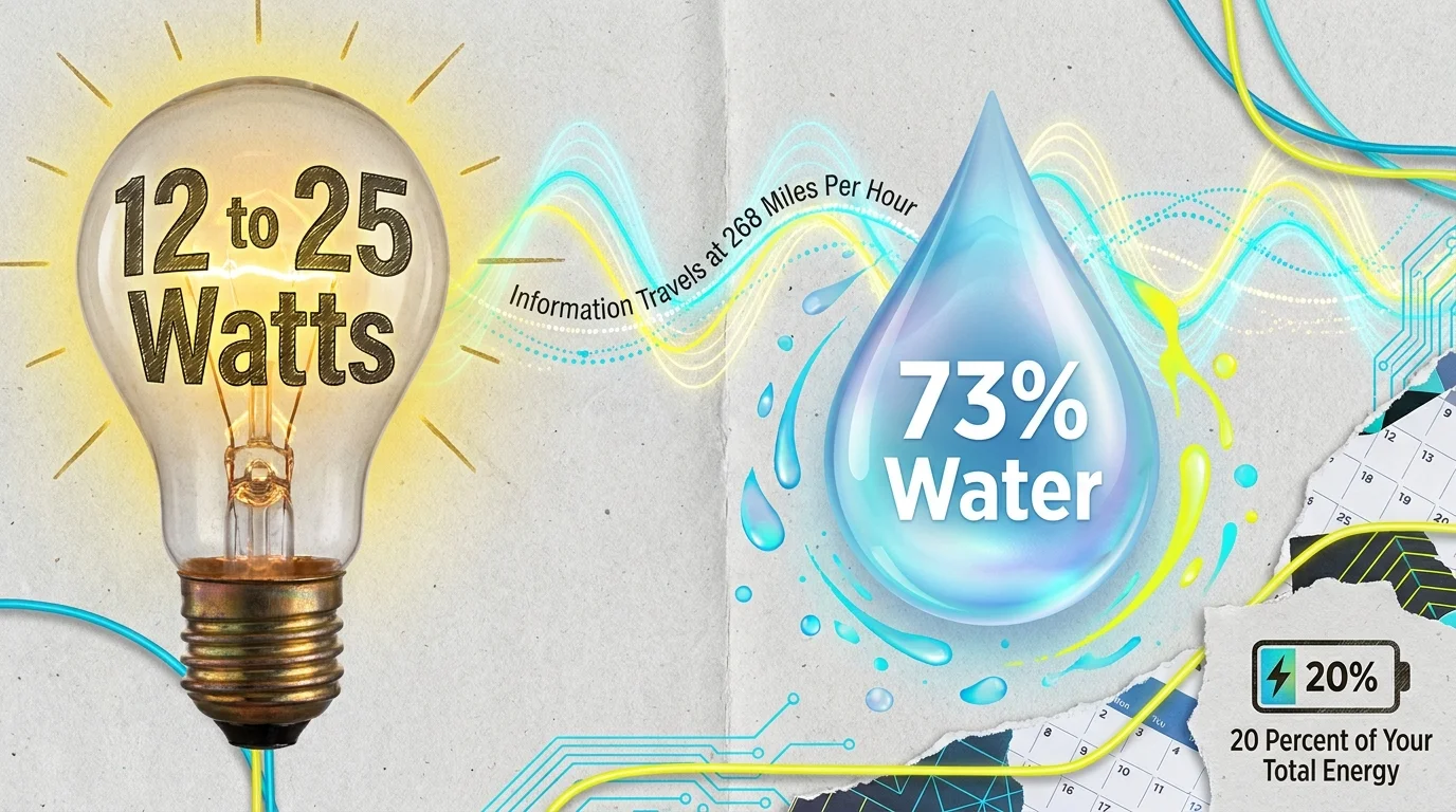 A collage showing a lightbulb for electrical power and a water drop for hydration, labeled with specific brain statistics.