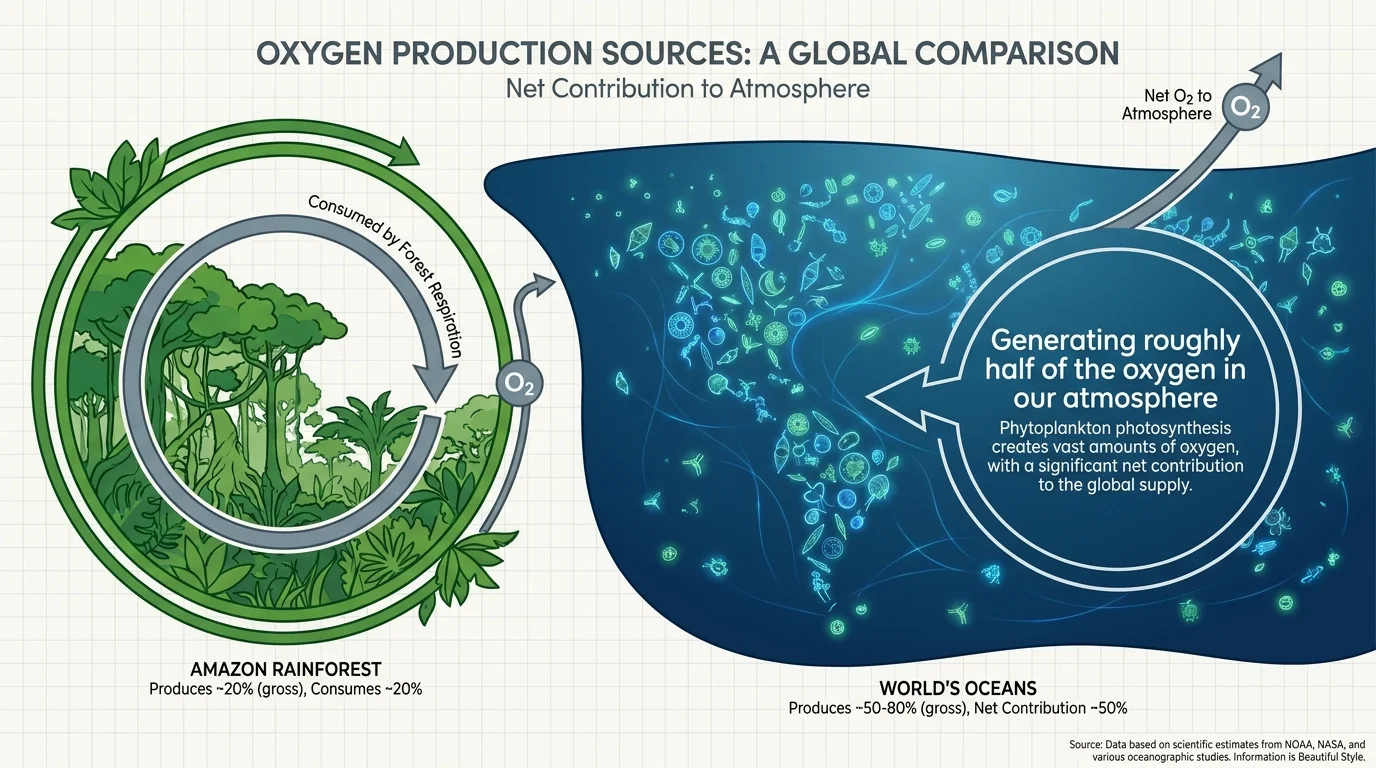 A comparison diagram showing that while the Amazon consumes its own oxygen, marine phytoplankton produce half of the Earth's oxygen.