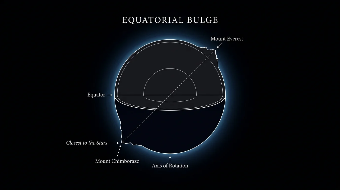 A diagram of the Earth's bulge showing why Mount Chimborazo is further from the Earth's center than Mount Everest.