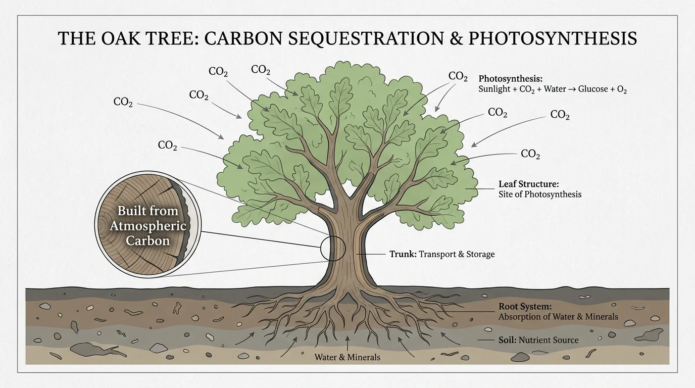 A diagram showing a tree pulling carbon dioxide from the air to build its physical mass, rather than taking it from the soil.