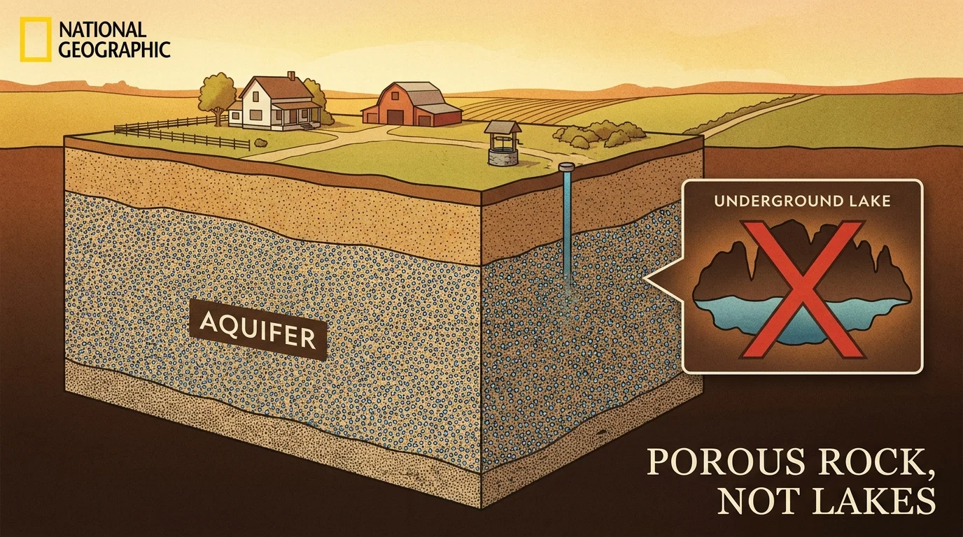 A geological cross-section showing groundwater held within the pores of rock and sand rather than in large underground lakes.