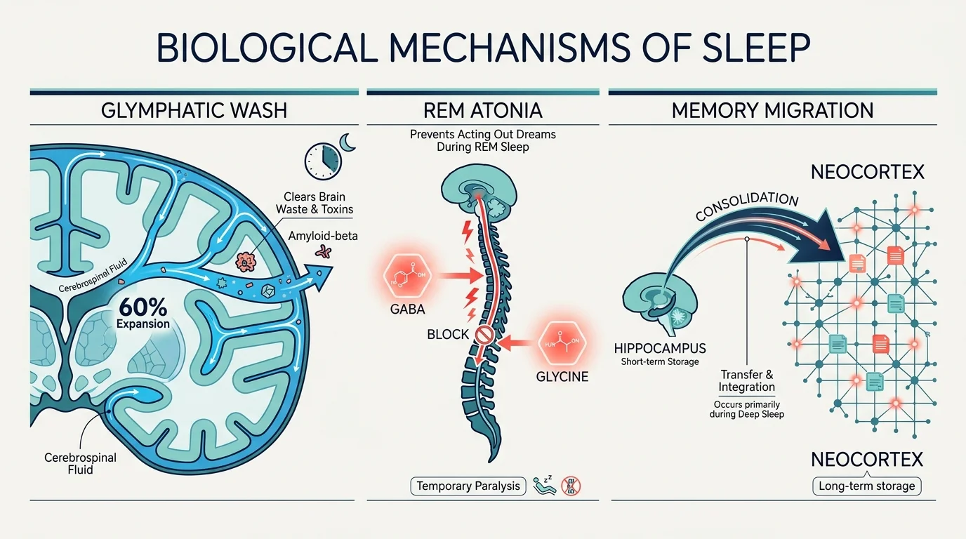 A horizontal infographic diagram detailing the glymphatic system expansion, REM atonia neurotransmitters, and memory migration during sleep.