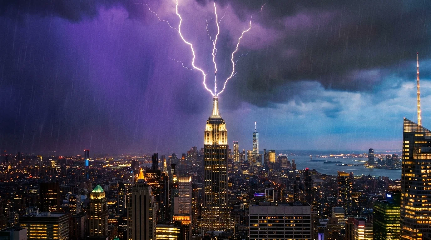 A long-exposure photo of the Empire State Building being struck by multiple bolts of lightning during a storm.