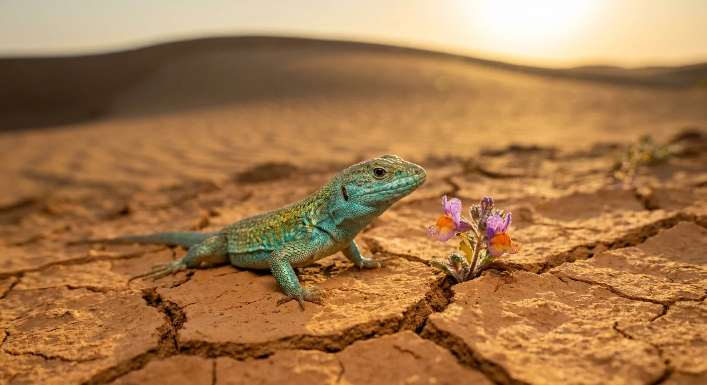 A macro photograph of a colorful lizard and a desert flower on cracked earth, showing the hidden life in arid landscapes.
