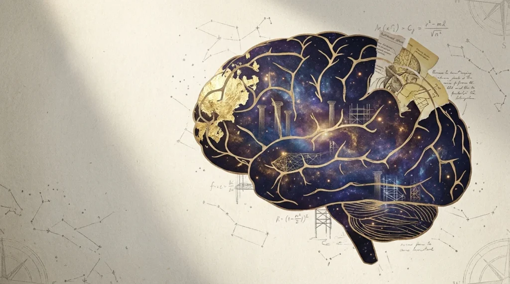 A mixed-media collage of a human brain silhouette filled with a purple and blue nebula, set against an aged paper background with gold leaf.