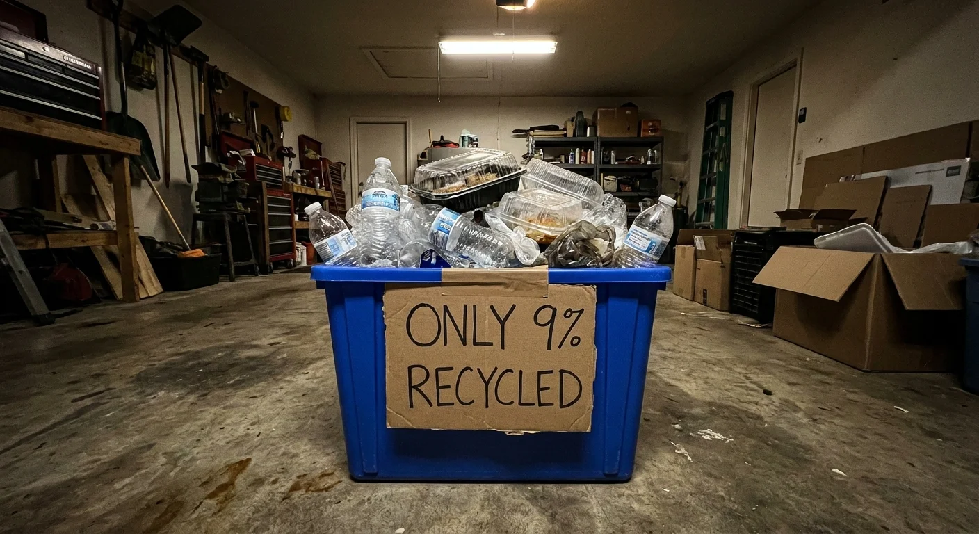 A realistic photo of an overflowing blue recycling bin in a garage with a sign stating only 9 percent of plastic is actually recycled.