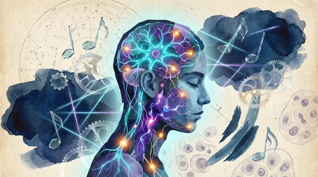 A surreal collage of a sleeping person filled with glowing neural networks and abstract biological symbols, illustrating the body's activity