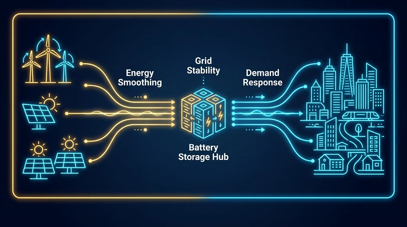 A technical diagram showing how battery storage and smart technology balance renewable energy to stabilize the power grid.