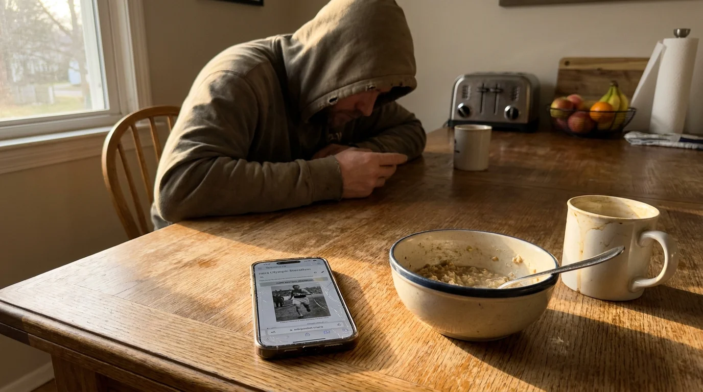 A top-down photo of a kitchen table with a smartphone showing a 1904 Olympic Marathon article next to a bowl of cereal.