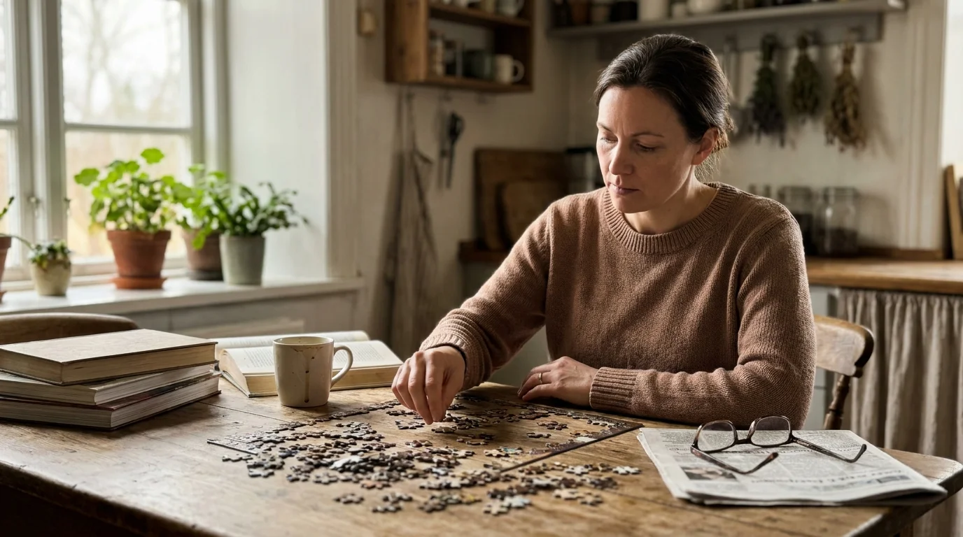 A woman sits at a wooden table in morning light, focused on a jigsaw puzzle, illustrating daily cognitive choices.