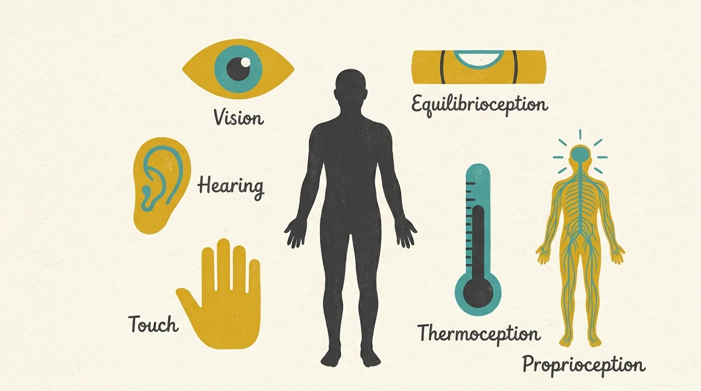 An abstract illustration showing icons for various human senses beyond the traditional five, including balance and temperature.
