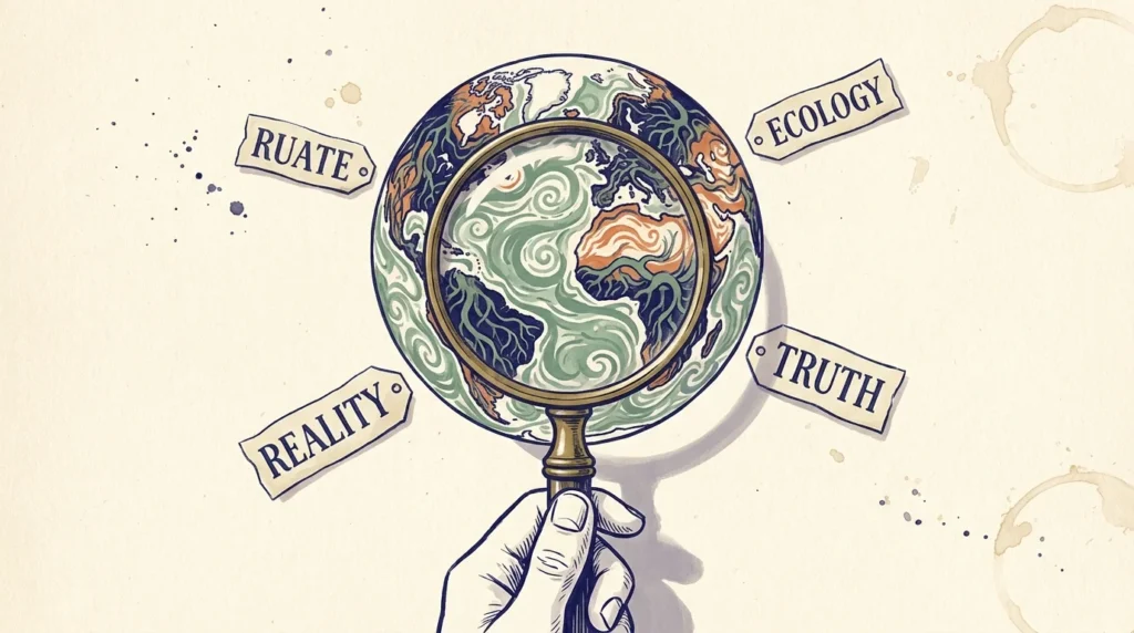 An editorial illustration of a magnifying glass revealing the complex geological and ecological layers of the Earth.