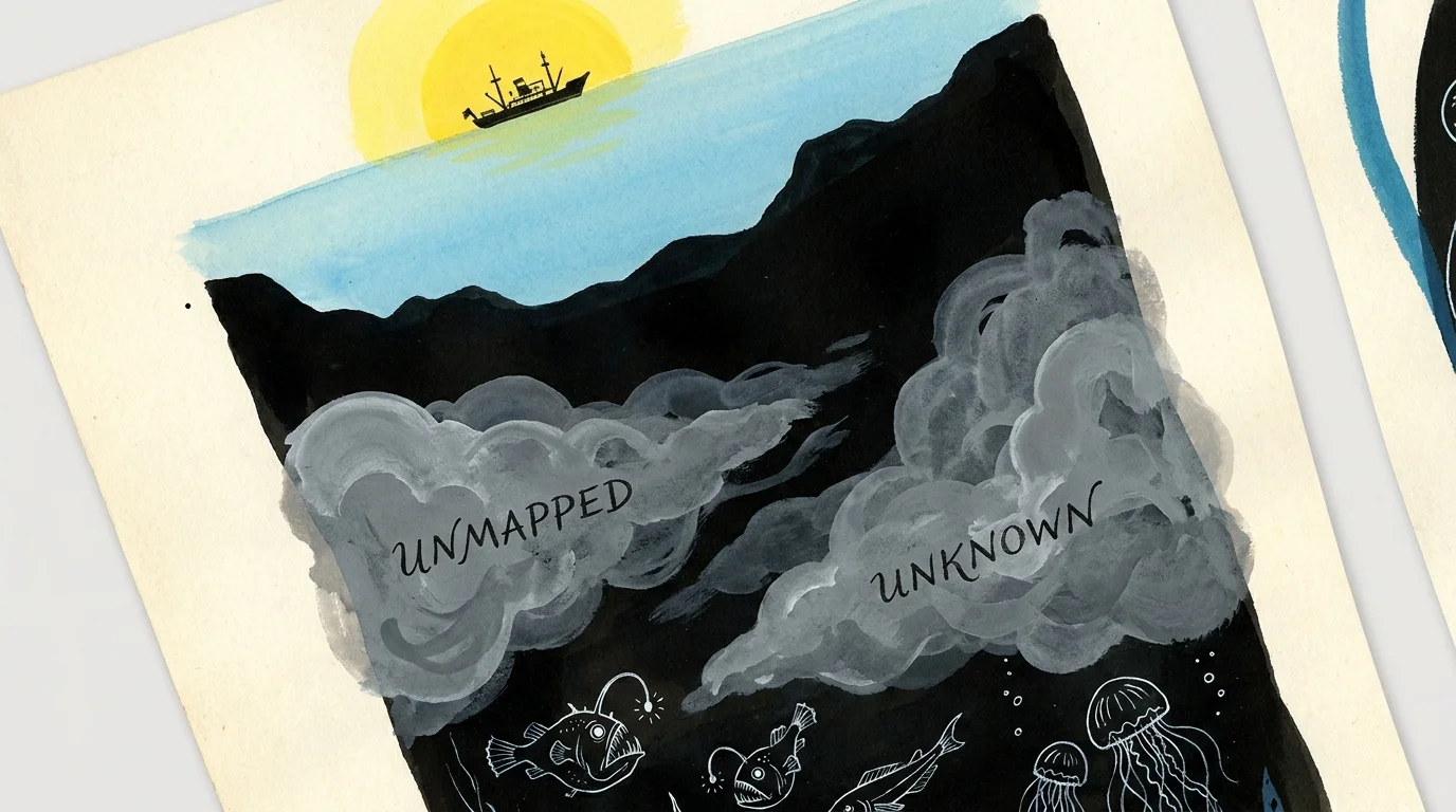 An illustration of the deep ocean with large areas labeled as unmapped, showing how much of the seabed remains a mystery.