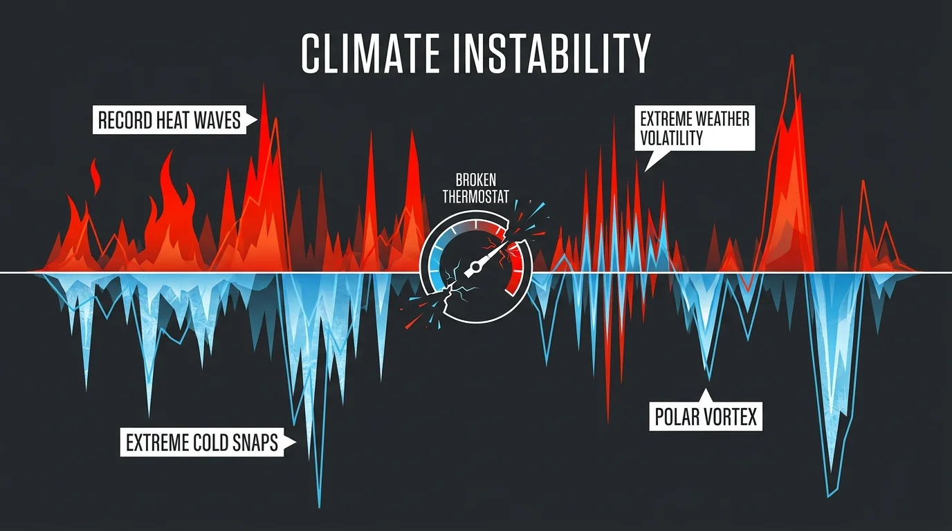 An infographic displaying an erratic waveform of extreme heat and extreme cold to illustrate climate instability.