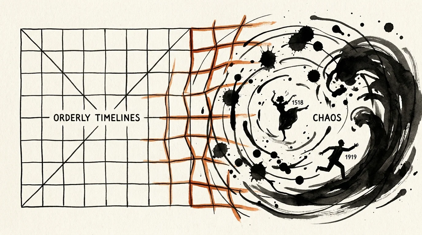 An ink illustration showing a structured grid dissolving into chaotic splatters with small figures dancing and running.