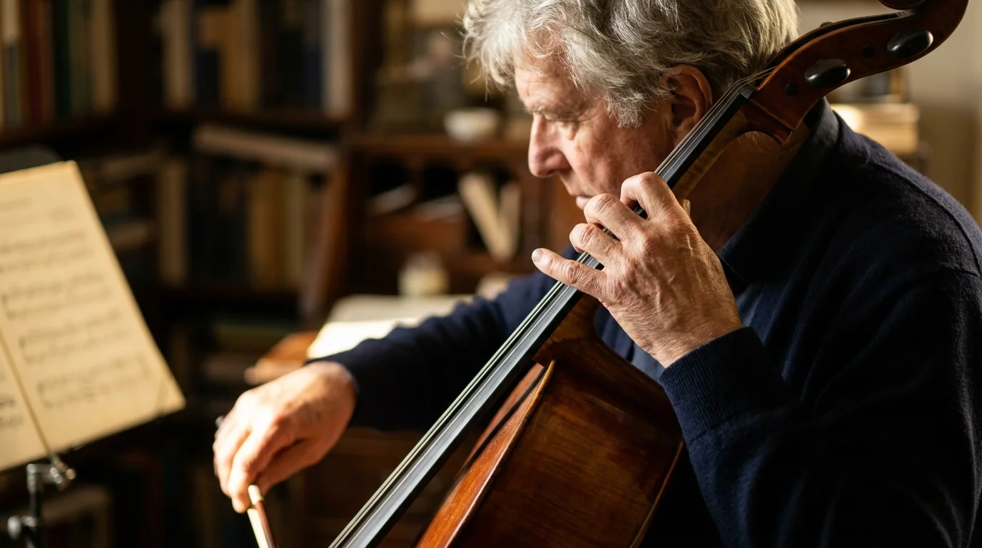 Close-up of an older man's hands playing a cello, symbolizing neuroplasticity and lifelong learning in a warm, lit study.