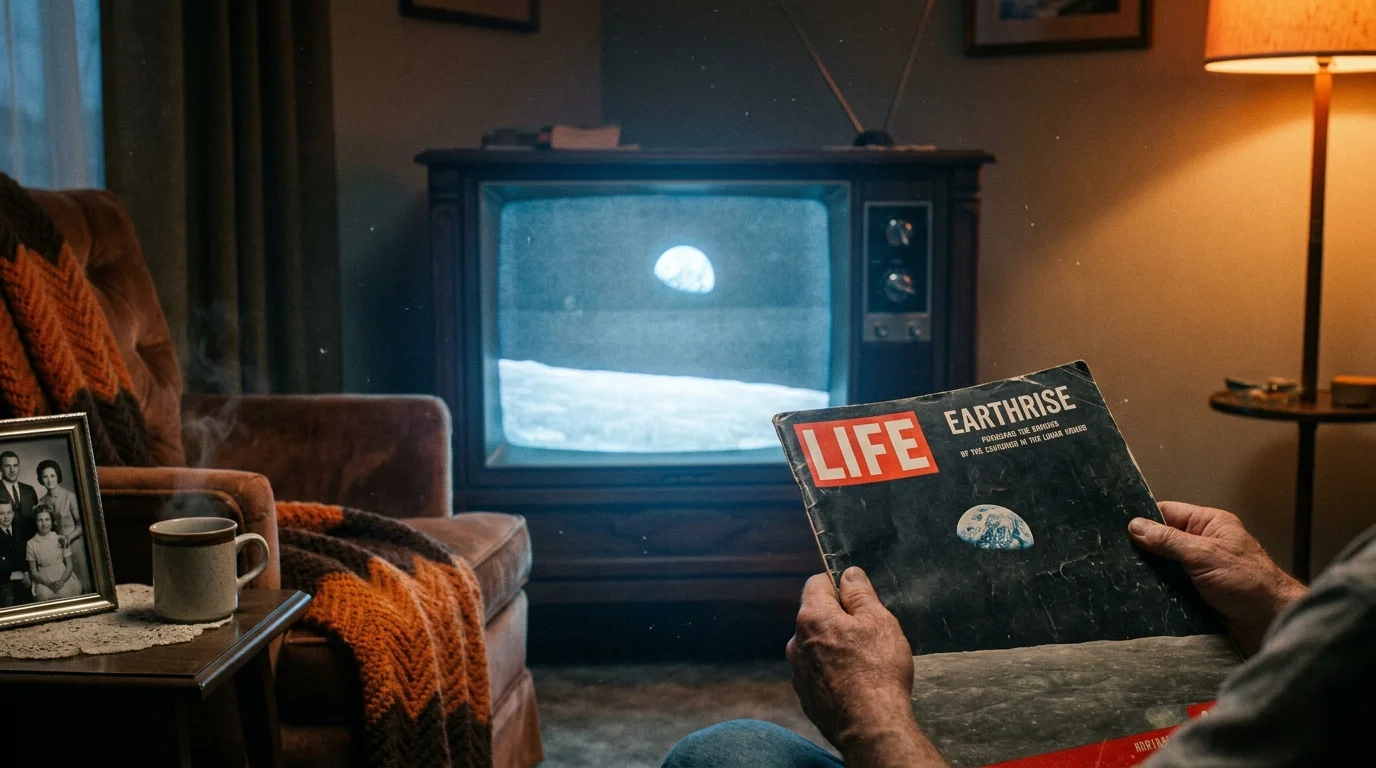 A 1968 living room scene showing a person holding a magazine with the Earthrise photo while it plays on a glowing television.