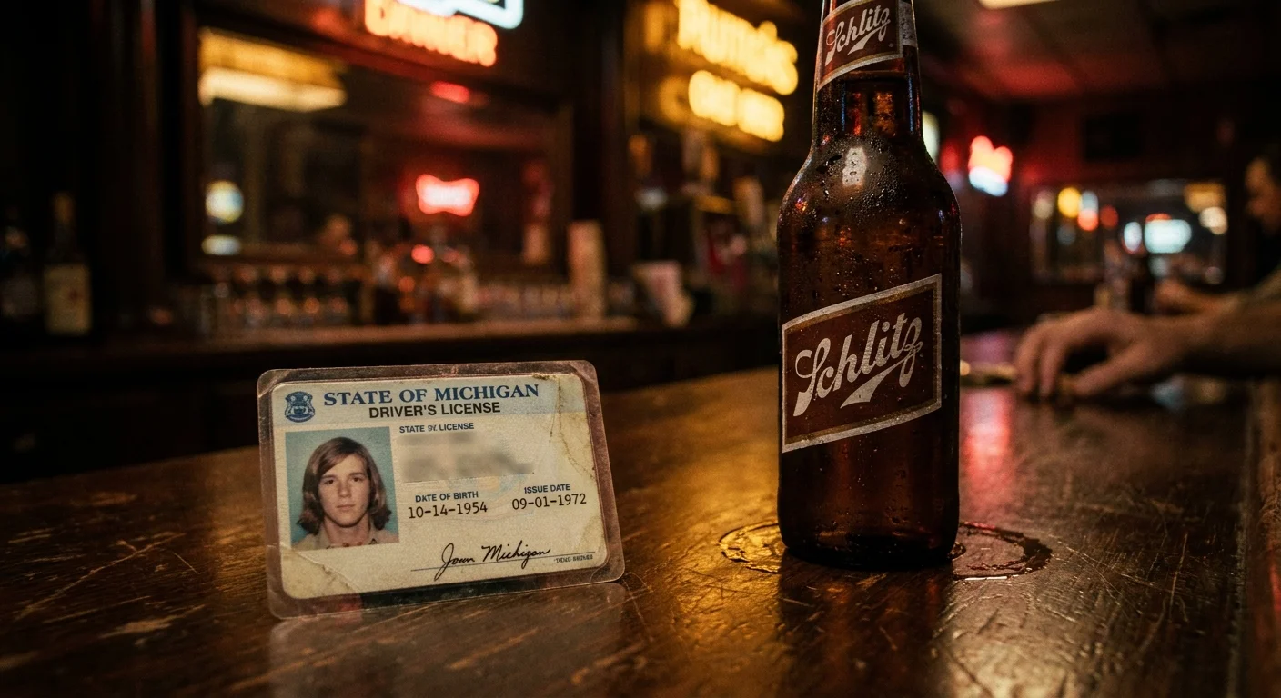 A 1970s driver's license and a beer bottle sit on a wooden bar, showing a birth year that made the owner legal at age 18.
