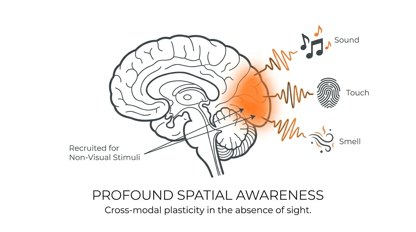 A brain diagram showing the visual cortex being used for sound, touch, and smell signals.