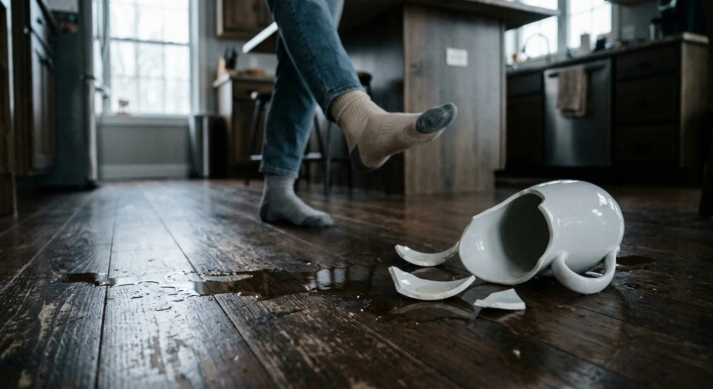 A candid smartphone photo of a shattered ceramic pitcher on a kitchen floor, showing a person's feet in the background.