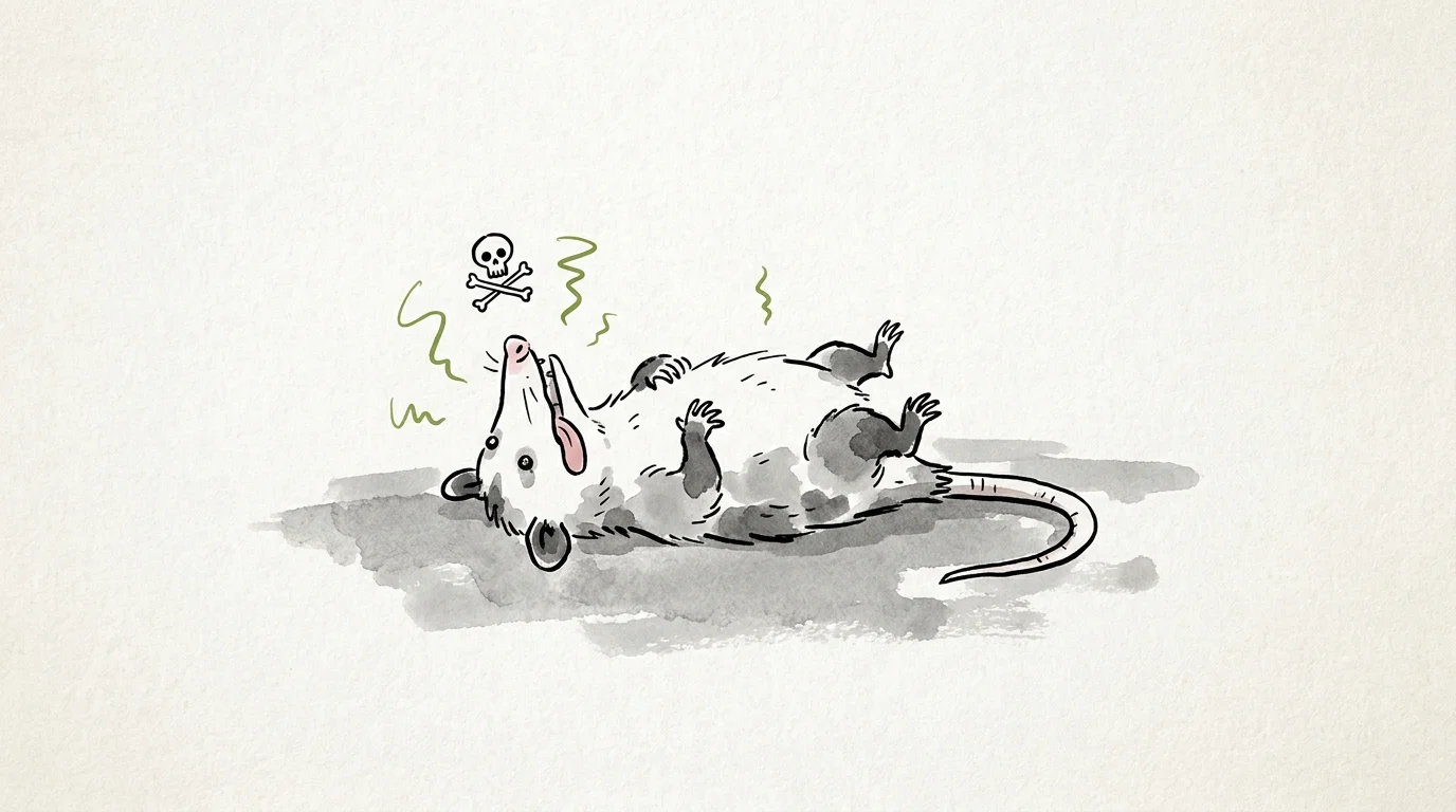 A clever ink sketch of an opossum playing dead with its tongue out and eyes closed to deter predators.