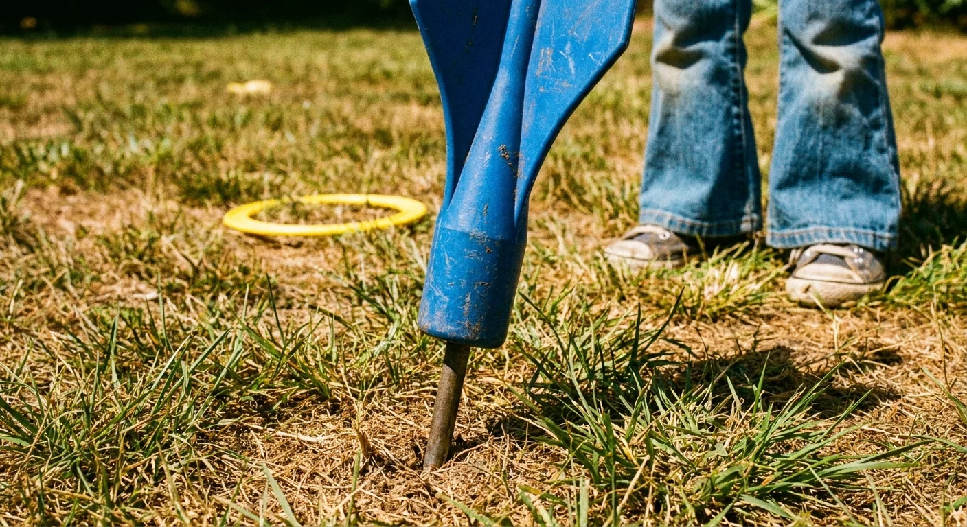 A close-up of a heavy steel-tipped lawn dart stuck in the ground, with a child playing in the blurred background.