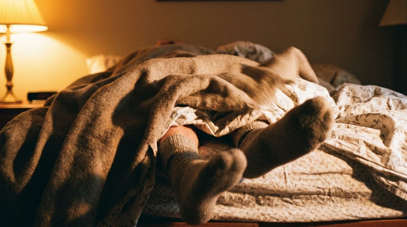 A close-up of a person's feet jolting under blankets in a warm, dimly lit bedroom.