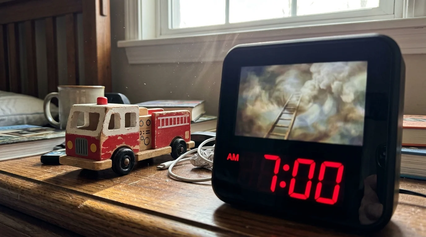 A close-up of an alarm clock and a toy fire truck, with a dreamlike reflection suggesting the brain merging the two.