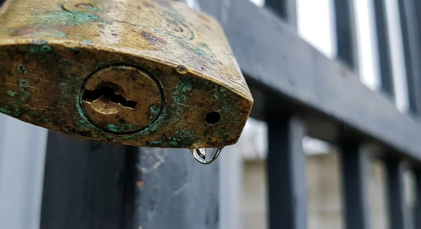 A close-up photo of the bottom of a padlock, showing the small drainage hole designed to prevent rust and freezing.