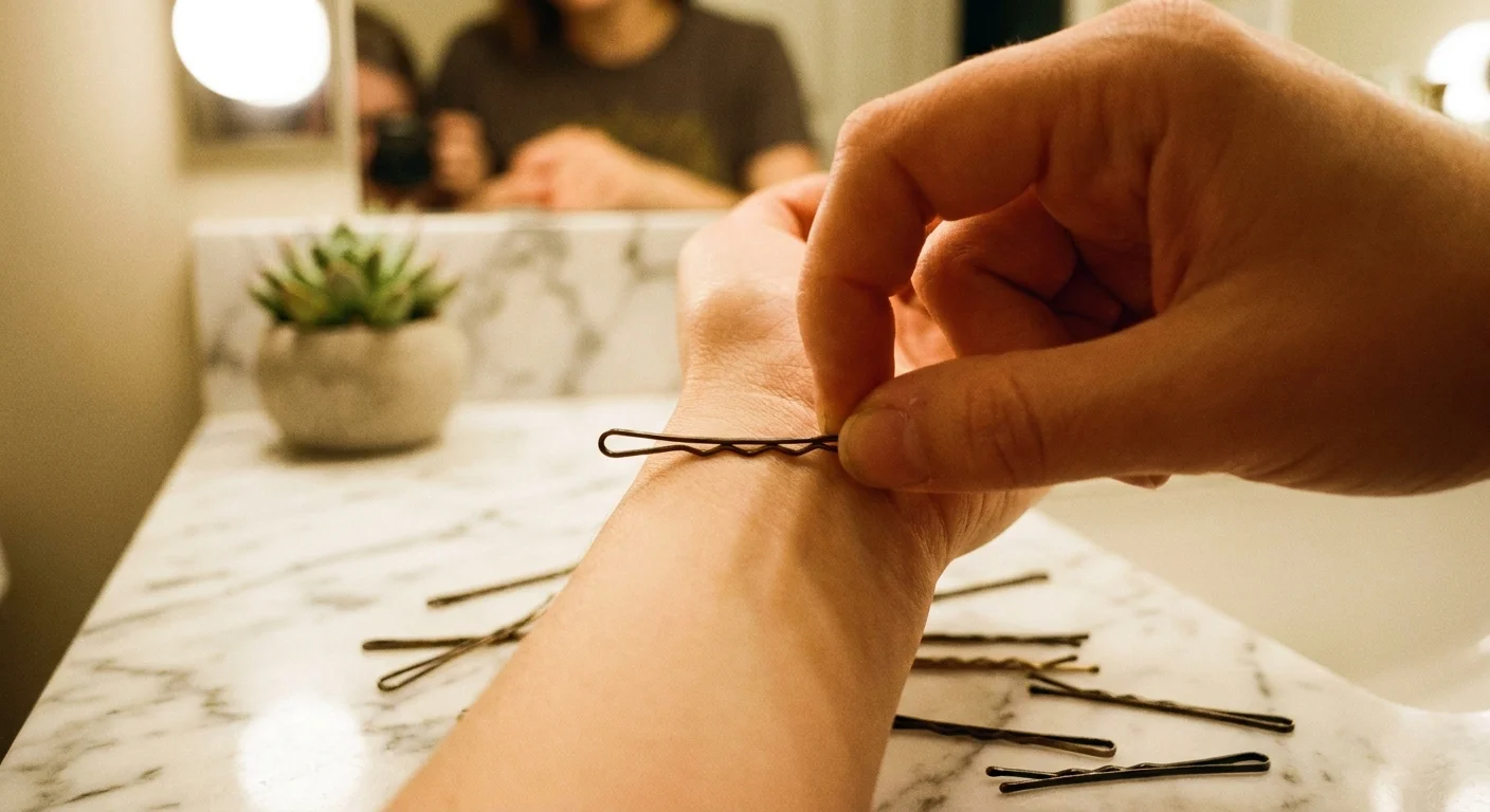 A close-up photograph of a bobby pin being held with the zig-zag side facing down for better grip.