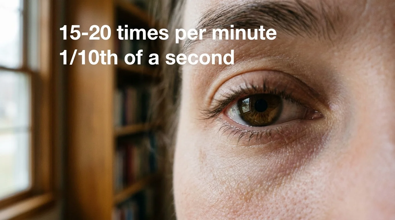A close-up photograph of a human eye mid-blink with text labels indicating blink frequency and duration.