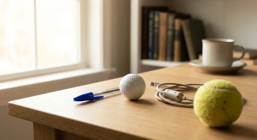 A close-up photograph of a pen, golf ball, and laptop charger on a desk, highlighting their unique textures and shapes.