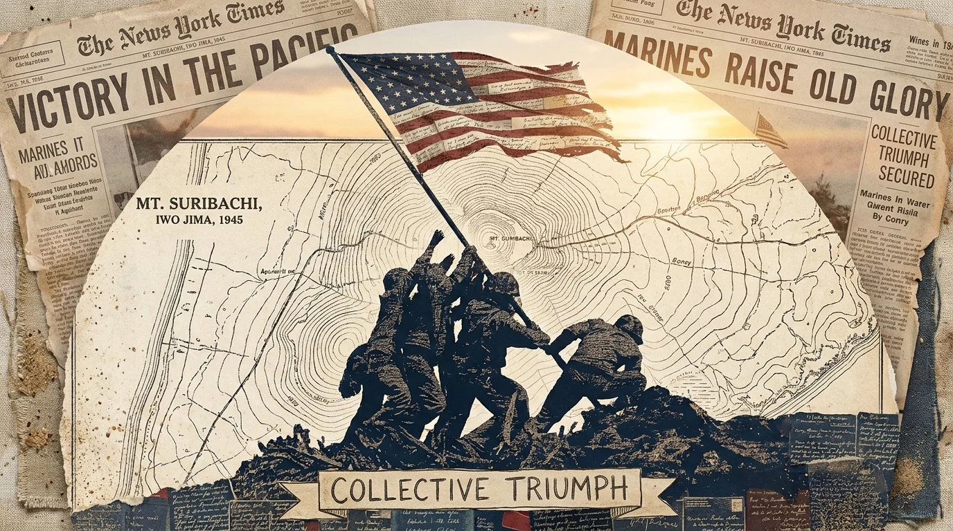A collage of the Iwo Jima flag-raising made from soldier's letters, layered over topographic maps and 1945 newspapers.