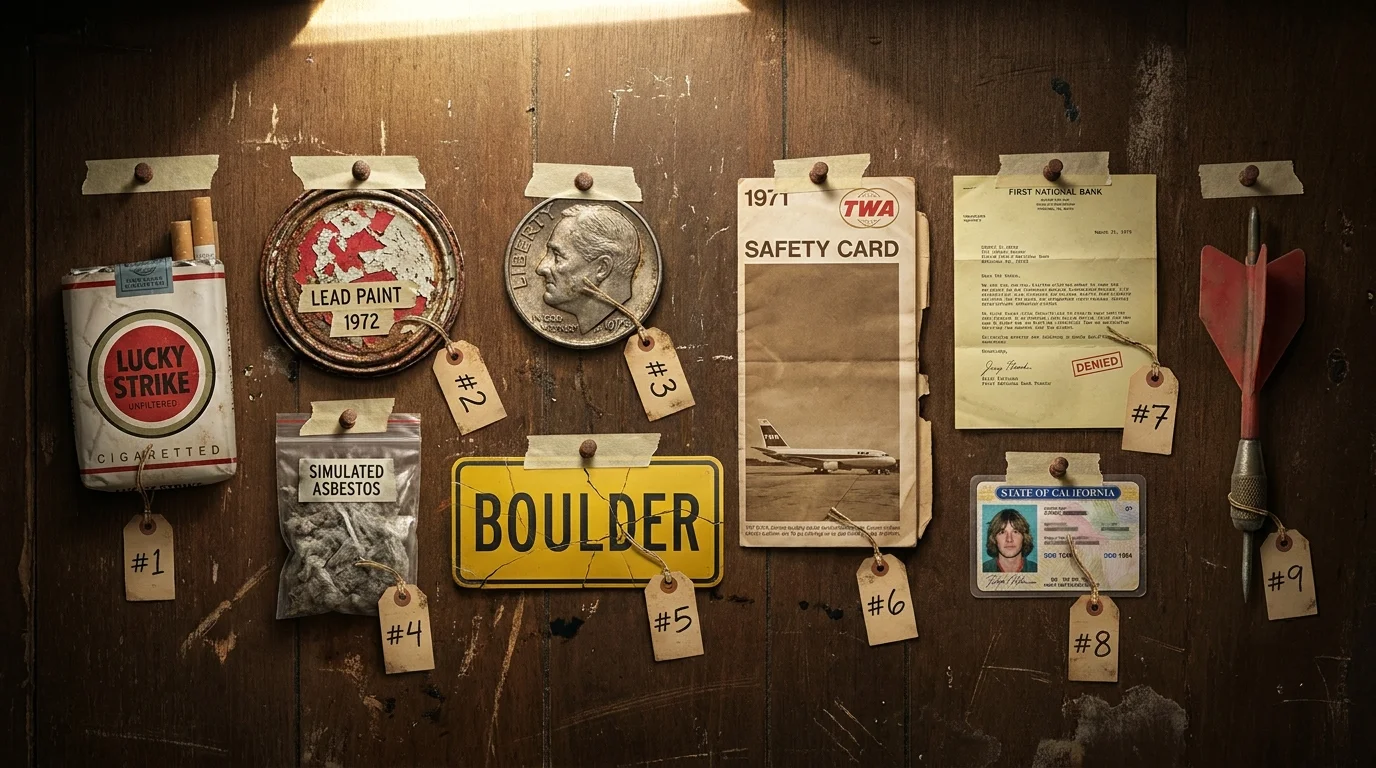 A collection of vintage items from the 1970s pinned to a wood panel, including a cigarette pack, hitchhiking sign, and old ID card.