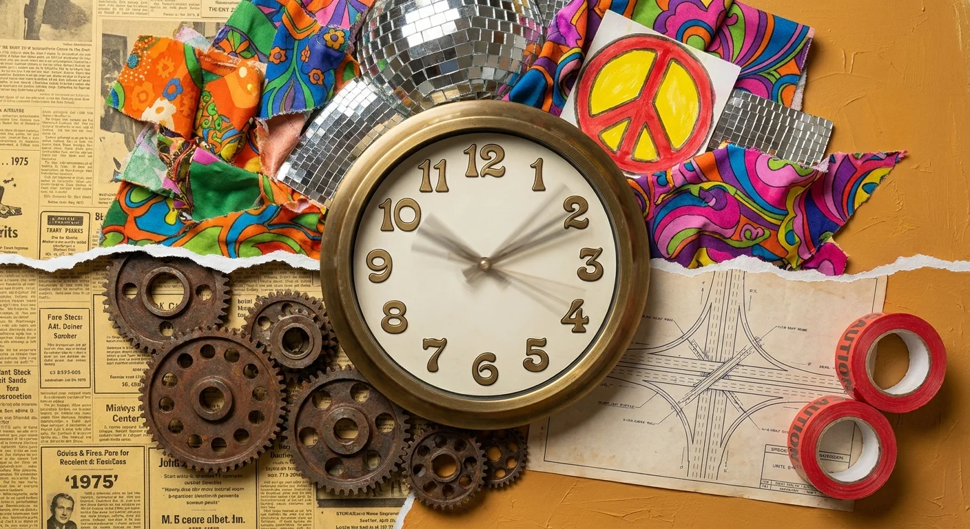 A conceptual collage with 1970s patterns and industrial symbols, representing the transition of the decade.