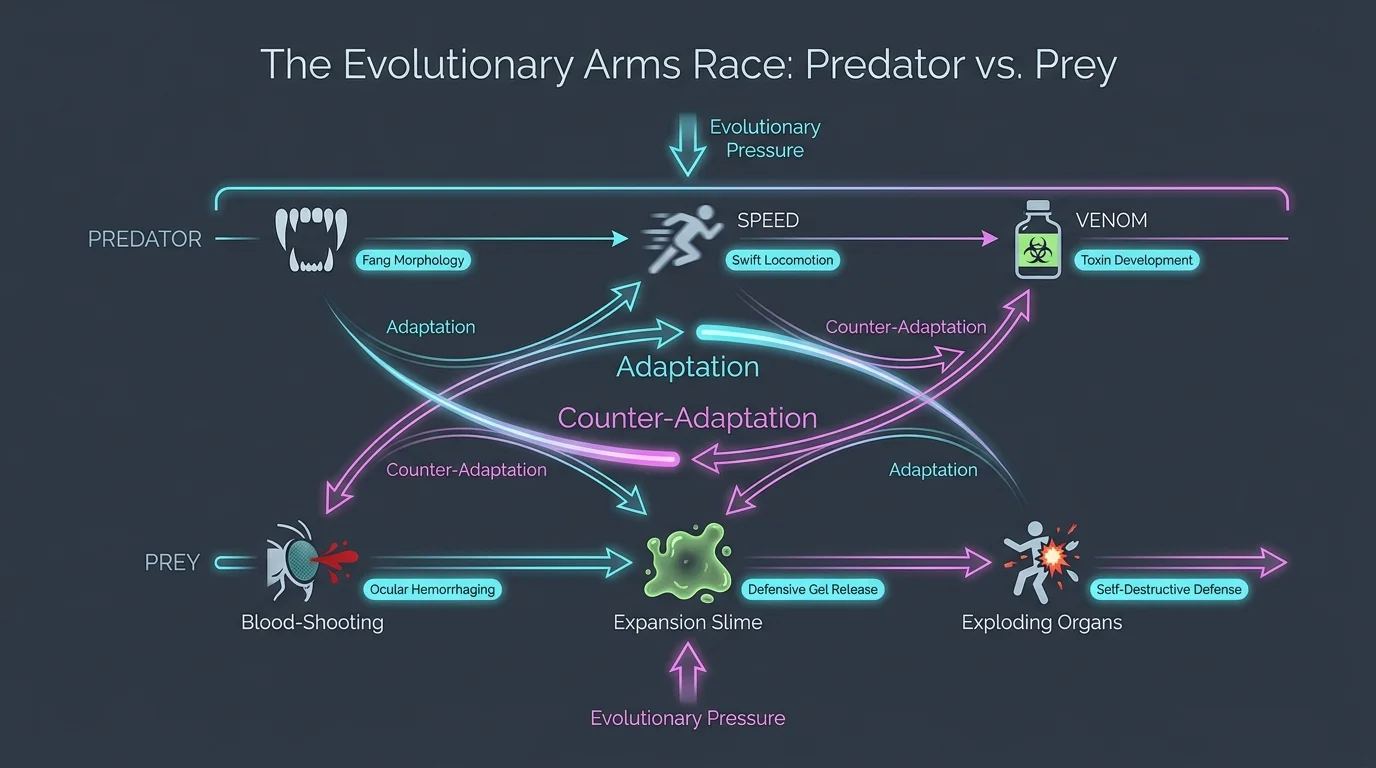 A conceptual diagram showing the relationship between predator adaptations and the bizarre prey defense mechanisms.