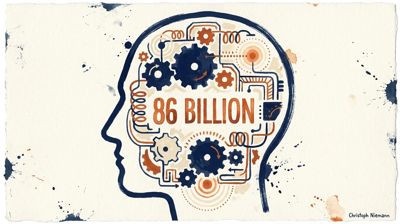 A conceptual illustration of a head profile filled with gears and the text '86 Billion', representing neural complexity.