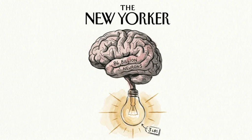 A conceptual watercolor illustration of a human brain merging into a glowing lightbulb with the text 86 billion neurons.