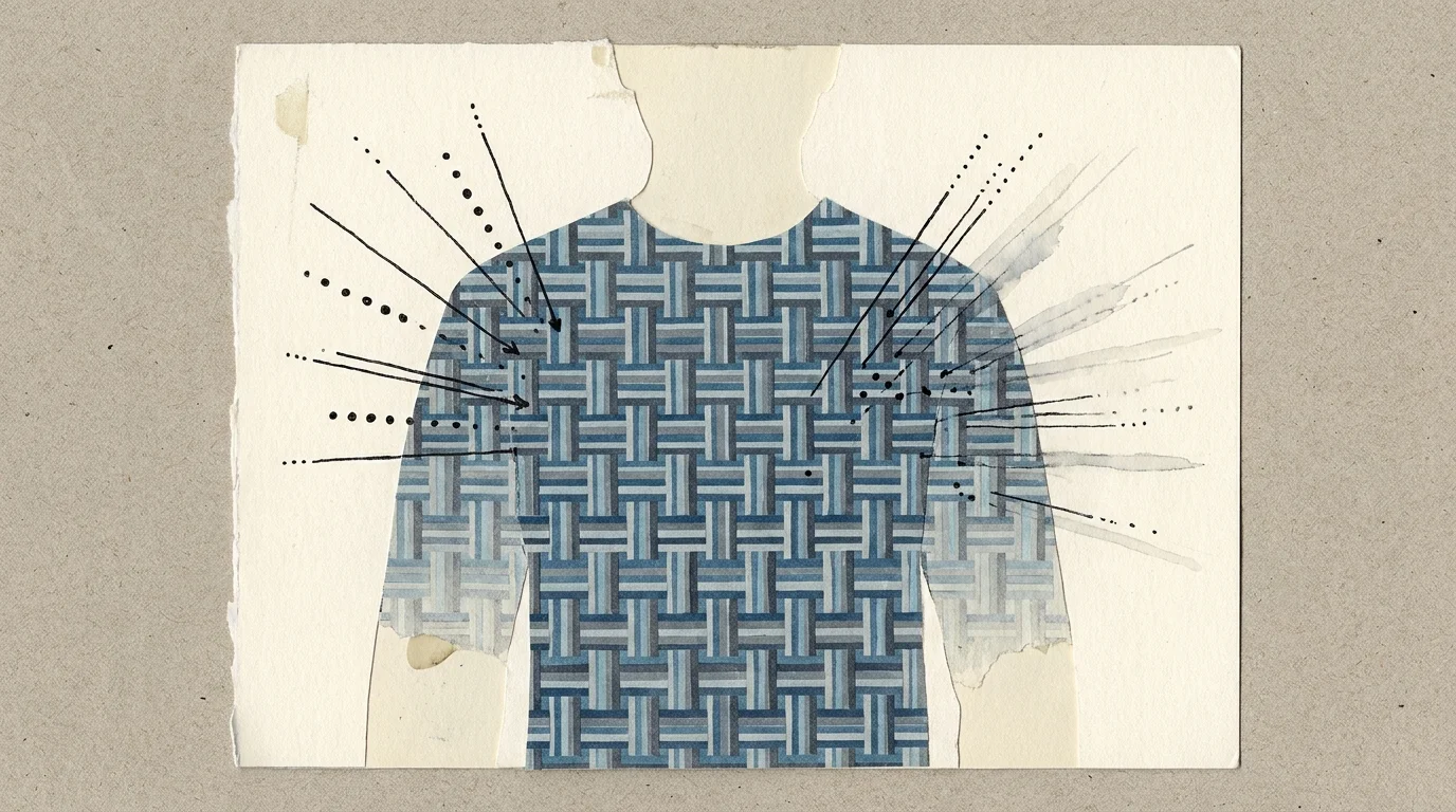 A cut-paper collage showing a patterned sweater pattern fading into a calm background to represent sensory filtering.