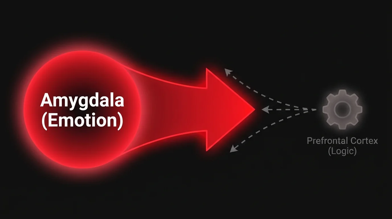 A diagram comparing a large, glowing emotion center to a small, faded logic center in the brain.