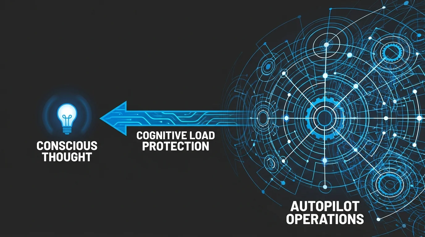 A diagram comparing the small scale of conscious thought to the massive scale of autopilot operations.