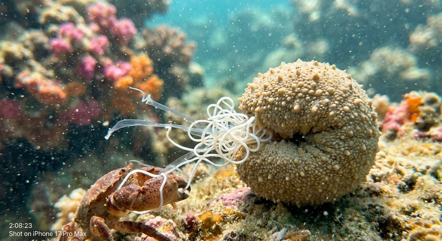 A documentary-style photo of a sea cucumber expelling white, sticky internal organs to distract a predator on a coral reef.