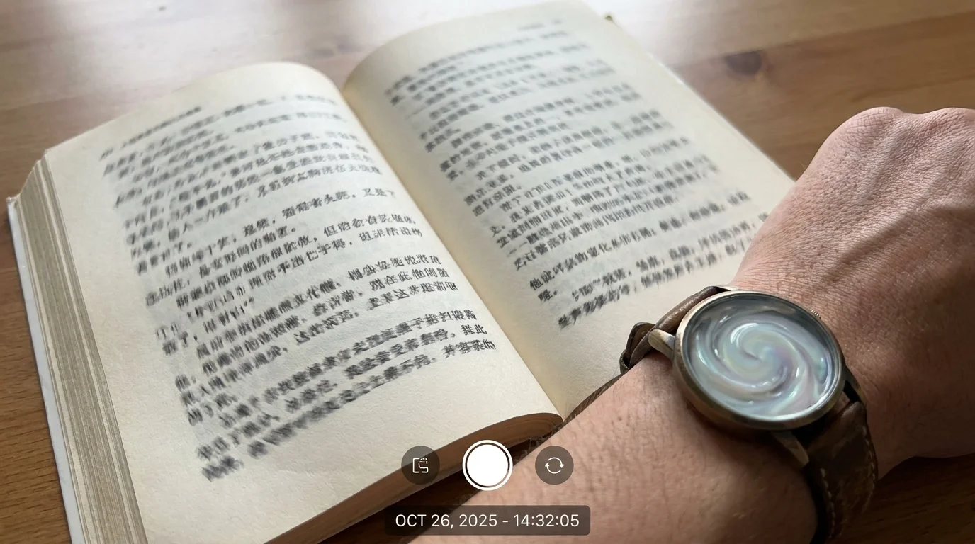 A first-person view of a hand holding a book with scrambled, unreadable text and a watch with a melted face.