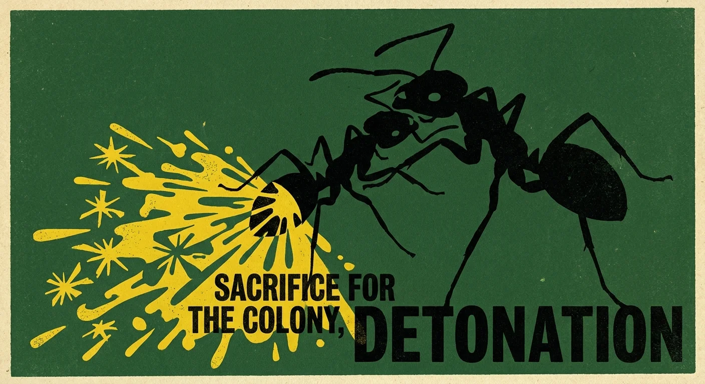 A graphic screenprint illustration of an ant exploding and releasing bright yellow toxic fluid during a battle.